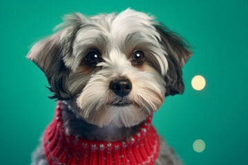 Close-up portrait photography of a funny havanese dog wearing a festive sweater against a spearmint green background. With generative AI technology