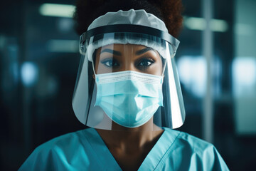 Fototapeta na wymiar African American Woman Doctor Nurse with Mask and Protective Face Shield Pandemic Covid - Generative AI