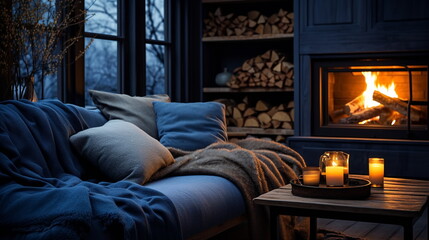cozy room with sofa and kamin with view from window on rainy evening street - obrazy, fototapety, plakaty