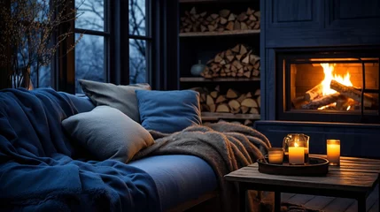 Fotobehang cozy room with sofa and kamin with view from window on rainy evening street © Aleksandr