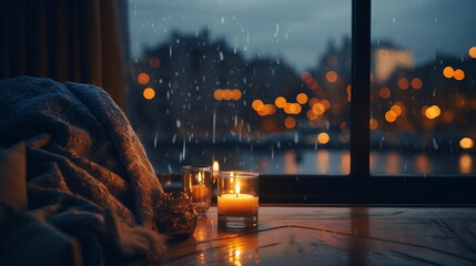 cozy room with sofa and kamin with view from window on rainy evening street
