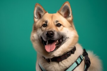 Headshot portrait photography of a smiling akita wearing a harness against a spearmint green background. With generative AI technology