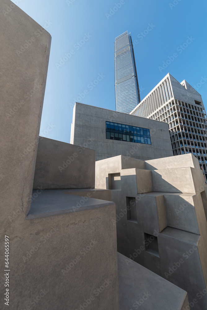 Poster skyscraper in downtown district in hong kongh city. modern architecture abstract backdround