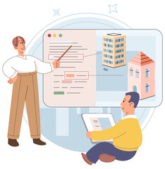 Property find concept. Man looking house, real estate, buying luxury suburban cottage. Realtor selling house to client, shows project. Manager make deal with owner of house, mortgage, person need flat