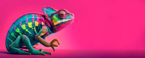 Chameleon on pink background - obrazy, fototapety, plakaty