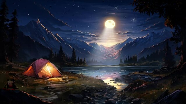 Camping in the mountains at night, with bonfire, and tent, beautiful view background looping Cartoon or anime illustration style