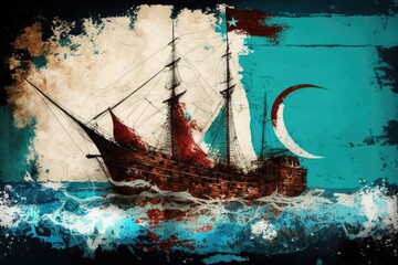 Old pirate ship on the watercolor background. Vintage style illustration