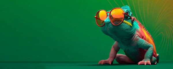 chameleon wearing sunglasses on a solid color background, vector art, digital art, faceted, minimal, abstract, panorama background. Generative AI. 