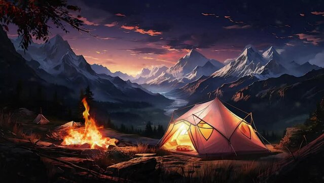 Camping in the mountains at night, with bonfire, and tent, beautiful view background looping Cartoon or anime illustration style