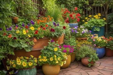 Fototapeta na wymiar A vibrant patio garden filled with colorful flower-filled containers, showcasing creative ideas for container gardening and flower displays. Generative AI