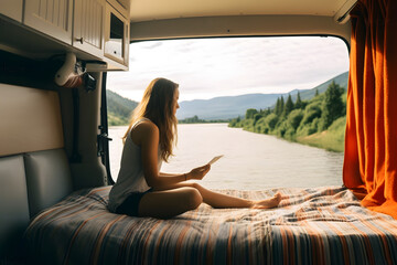 Fototapeta premium Camper girl relaxing inside camper van at riverside.