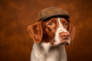 Lifestyle portrait photography of a funny brittany dog wearing a cool cap against a copper brown background. With generative AI technology