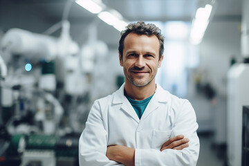 Portrait of confident mature male scientist standing with arms crossed in factory - Powered by Adobe