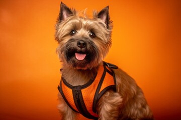 Lifestyle portrait photography of a smiling cairn terrier wearing a swimming vest against a copper brown background. With generative AI technology