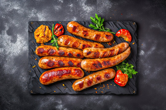 Grilled Sausages with Spices and Herbs on a Black Grill Pan