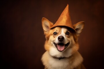 Medium shot portrait photography of a happy norwegian lundehund wearing a wizard hat against a copper brown background. With generative AI technology