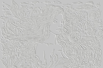Water nymph. Beautiful textured emboss 3d lines mermaid pattern. Embossed undine vector background. Surface light backdrop. Relief line art nixie ornaments with fishes, seaweed, shell. Grunge texture - obrazy, fototapety, plakaty