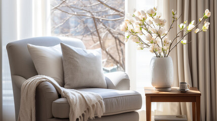 Cozy reading nook in a sunlit home corner. Close-up of a white comfy armchair by the window.