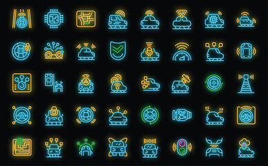 Driverless vehicle icons set outline vector. Car future. Drive self neon color on black