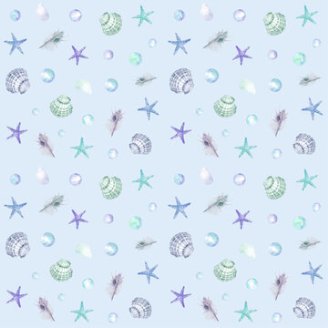 水色バックのヒトデと貝殻のパターン