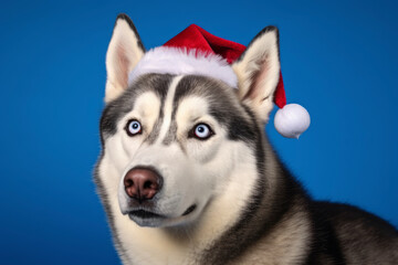 Fototapeta premium Headshot portrait photography of a funny siberian husky wearing a christmas hat against a periwinkle blue background. With generative AI technology