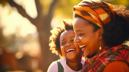 Naklejka premium African Mother Playing with Daughter Outdoors on Sunny Day - Happy Afro Mum and Child Having Fun Together - Family, Love and Happiness Concept