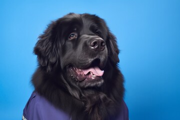 Medium shot portrait photography of a happy newfoundland dog wearing a doctor costume against a periwinkle blue background. With generative AI technology