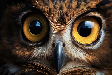 Zelfklevend Fotobehang Close-Up of Owl Eye in Night Wildlife. Macro Photography of Great Bird of Prey Showing its Nature and Face at Night © AIGen