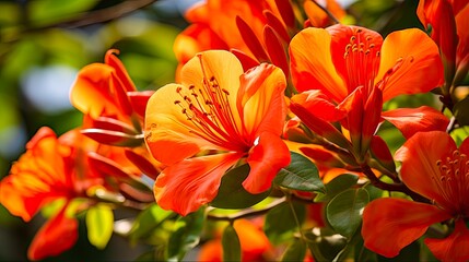 Close-up of African Tulip Orange Flowers, Blossom and Flora of a Tropical Tree