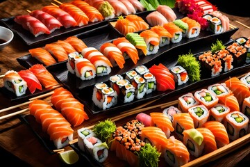 Sensational view of a colorful sushi boat with a variety of rolls. 