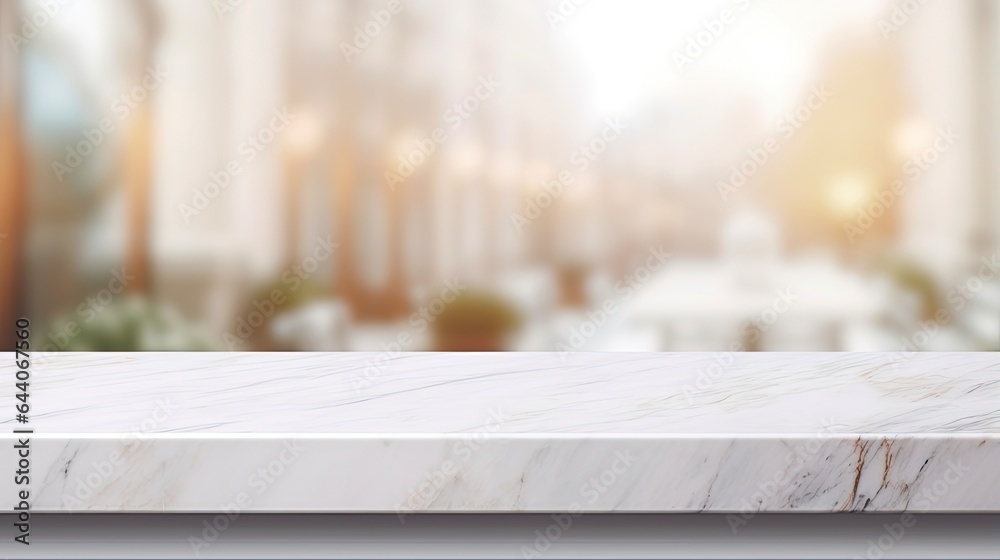 Wall mural White Table Top with Blur Perspective Bokeh Light Background. Empty Desk and Counter Background with White Marble Stone Table for Food, Product Display, and Mockup Templates