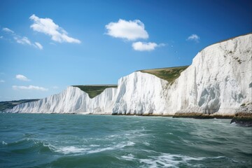 White Cliffs of Dover, Chalk Cliffs of Kent, England with Ocean and Boat Views - obrazy, fototapety, plakaty