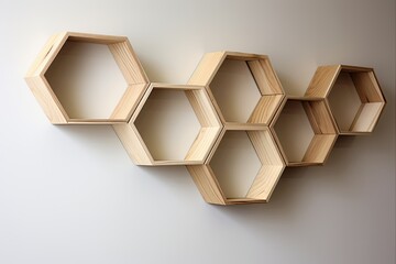 Wooden Hexagon Shelves for Asymmetrical and Decorative Home Interiors in Natural Beige Color