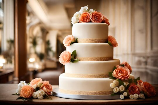 Refined image of a tiered wedding cake, elegantly decorated. 