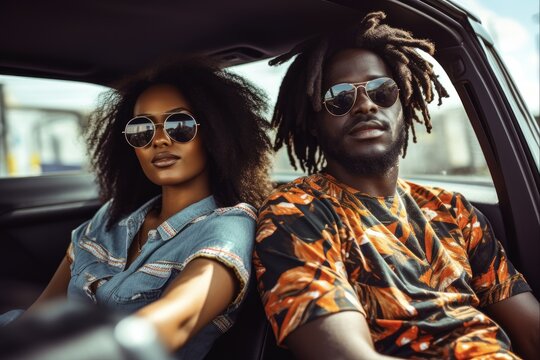 Young African American Couple On A Summer Road Trip. Looking Close And Happy, Enjoying The Holiday, Sitting In Car Seat