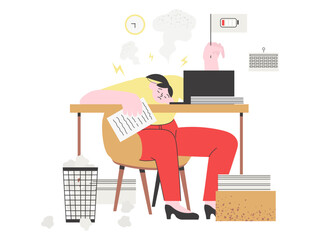 Professional burnout concept. A female employee is tired, frustrated and emotionally exhausted. Stressed woman sitting at her working place with a laptop and piles of documents with a low charge sign.