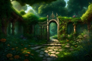 Verdant secret garden hidden behind an ancient, ornate gate 