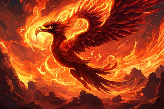 A fiery phoenix rises from the heart of a volcanic inferno 
