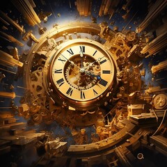 Obraz premium タイトル: 「ゴールドメカニズム」説明文: ゴールドに輝く、魅惑的なメカニカルな外観が異空間で時を刻む様子を表現したイラストです。この神秘的な装置は、未来の技術と古代の知識が融合し、魔法のような存在です。そのギアと歯車が滑らかに動き、時間の粒子を操作しています。ゴールドの輝きは、この存在の高貴さを際立たせ、未来への扉を開く鍵であるかのように輝いています。