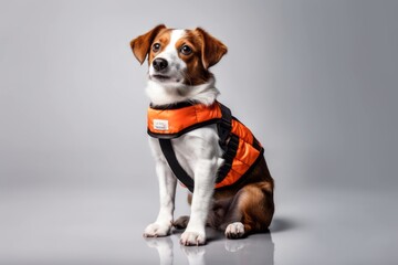 Studio portrait photography of a cute brittany dog wearing a life jacket against a minimalist or empty room background. With generative AI technology - obrazy, fototapety, plakaty
