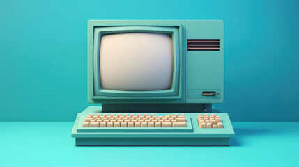 Vintage Computer: Nostalgic Retro Tech on a Cool Blue Background.