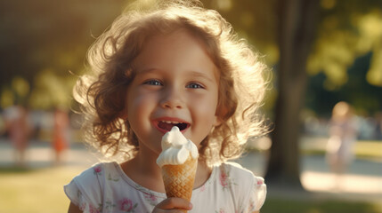 Park's Sweet Joy: Adorable Curly Blonde Girl Child Delighting in Ice Cream.