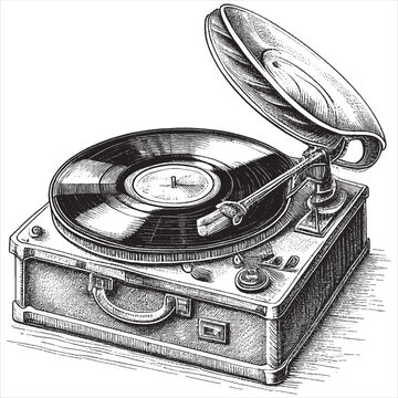 Hand Drawn Engraving Pen and Ink Vinyl Record Player Vintage Vector Illustration