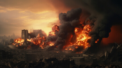 Fictional City's Catastrophe: A Haunting Vision of Fire, Explosions, and Destruction Symbolizing War, Natural Disasters, Doomsday, Nuclear Accidents, Terrorism, and Meteorite Impact.