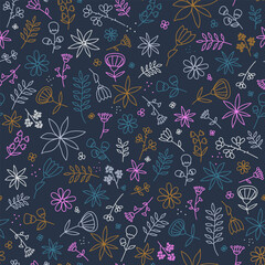 Hand drawn summer floral backround. Botanical seamless pattern . Sketch drawing. Design for fashion , fabric, textile, wallpaper, cover, web , wrapping and all prints