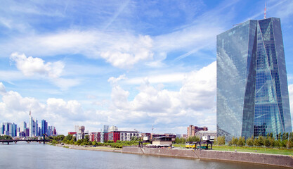 view of the river Main and ECB with the european city skyline ,financial centre of Frankfurt....