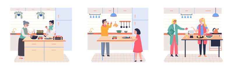 People cooking vegetarian food. Vector illustration. Vegetarian concept with healthy fresh diet a woman eating salad. Collection of people cooking in kitchen serving table dining together, eating food