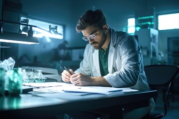 Fototapeta premium shot of a scientist making notes while conducting research in his lab