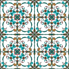 Stof per meter Decorative seamless pattern with sicilian ornament. Colorful ceramic tiles in floral traditional style of Palermo. Vector endless texture for digital paper, fabric, backdrop or wrapping © Pavel