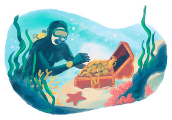 Diver found Treasure Underwater Watercolor Illustration